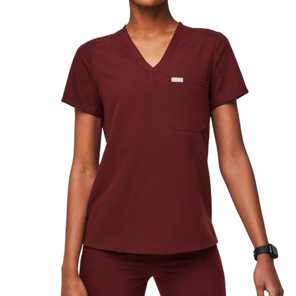 Figs Women's Burgundy Maroon Catarina One Pocket V-neck Short Sleeve Scrub Top